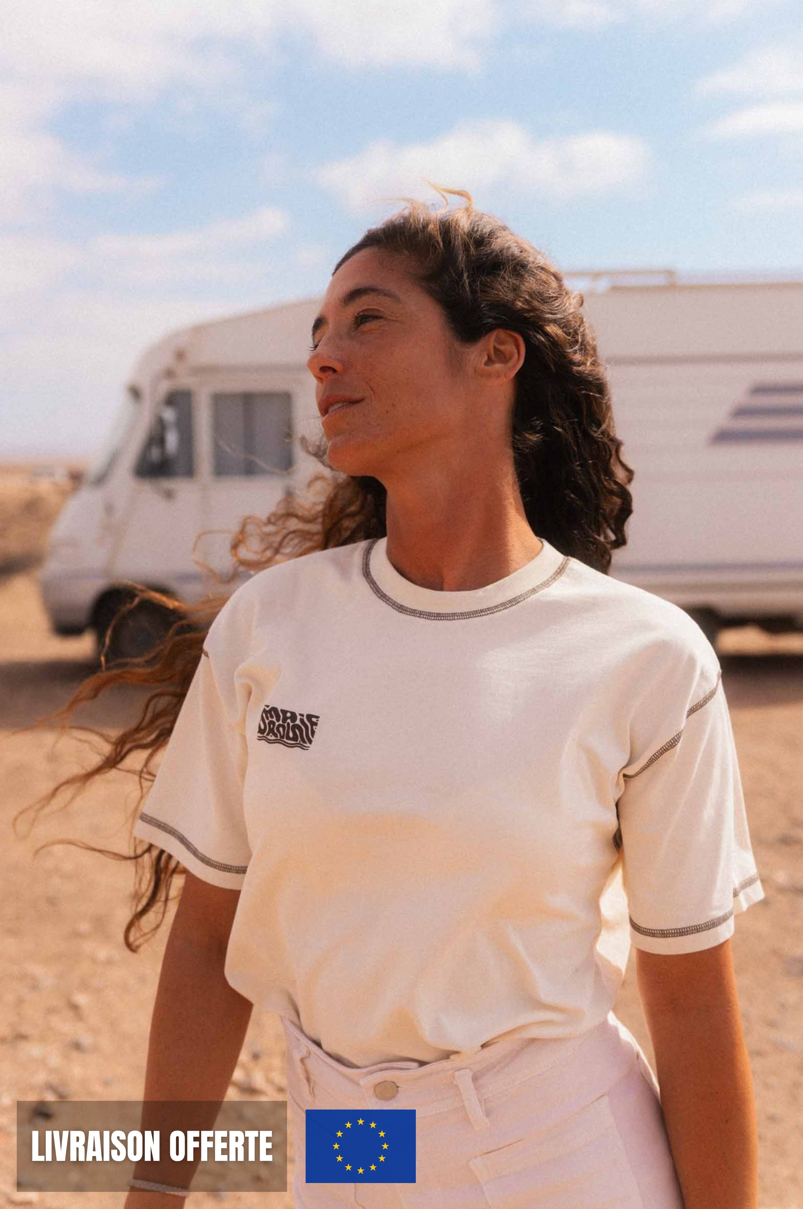 t-shirt ecru femme ethique avec surpiqures marrons